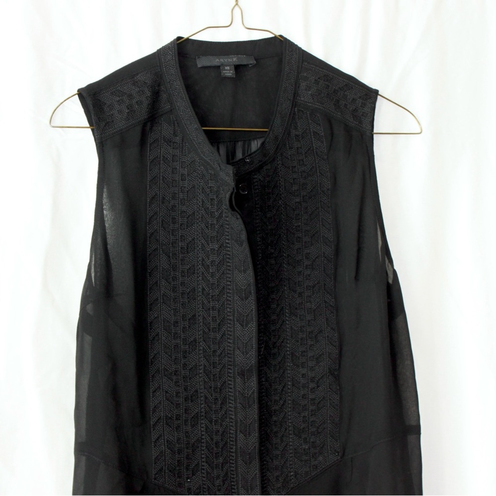 NWOT Aryn K Sheer Silk Embroidered Top in Black